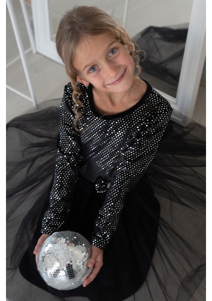 Kız Çocuk Uzun Kollu Elbise Kadife Pullu 5-10 Yaş, Siyah modelleri