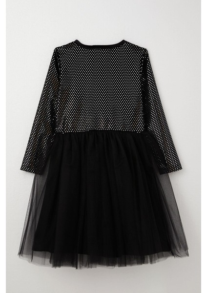 Kız Çocuk Uzun Kollu Elbise Kadife Pullu 5-10 Yaş, Siyah