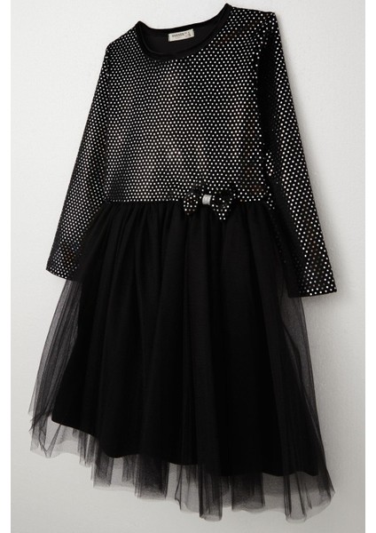 Kız Çocuk Uzun Kollu Elbise Kadife Pullu 5-10 Yaş, Siyah