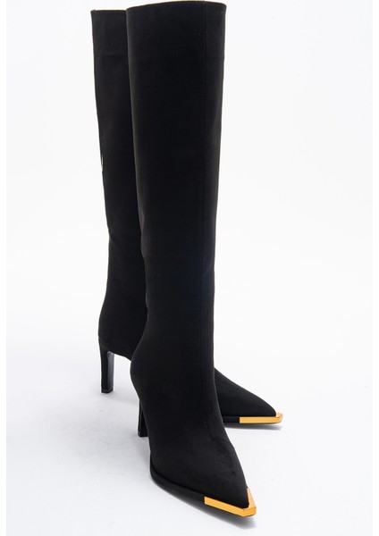 Lexa Siyah Süet Altın Detaylı Sivri Burunlu Kadın Topuklu Çizme