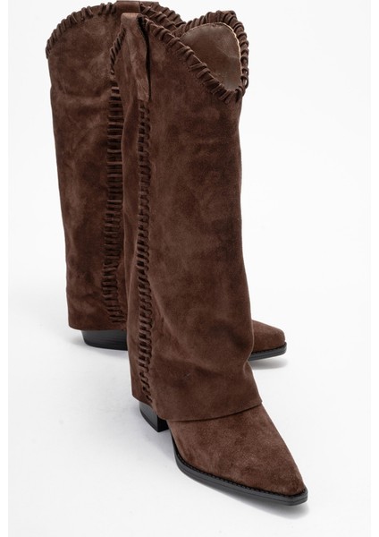 Tyler Kahverengi Süet Hakiki Deri Dikişli Kadın Western Çizme