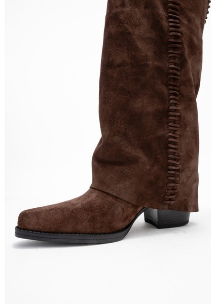 Tyler Kahverengi Süet Hakiki Deri Dikişli Kadın Western Çizme fırsatları