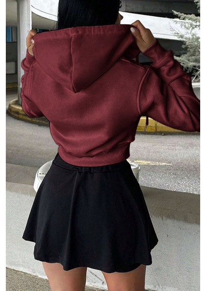 Kadın Pamuklu Crop Model Kanguru Cepli Kapüşonlu Crop Spor Sweatshirt fiyatları