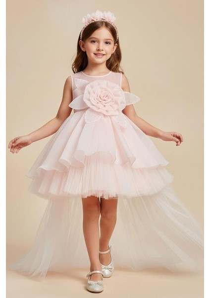 Kız Çocuk Abiye Elbise Gül Aksesuarlı Fiyonklu Taçlı 4-8 Yaş, Pembe