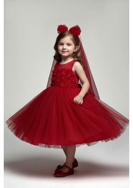Kız Çocuk Abiye Elbise Arkası Fiyonk Detaylı Taşlı Tüllü 4-8 Yaş, Kırmızı