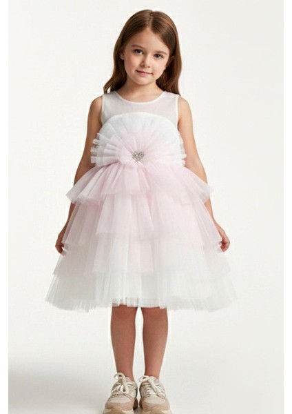 Kız Çocuk Abiye Elbise Arka Kısmı Fiyonklu Taşlı Kalp Aksesuarlı 4-8 Yaş, Pembe