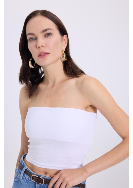 Kadın Slim Fit Dar Kesim Pamuklu Straplez Beyaz Bluz