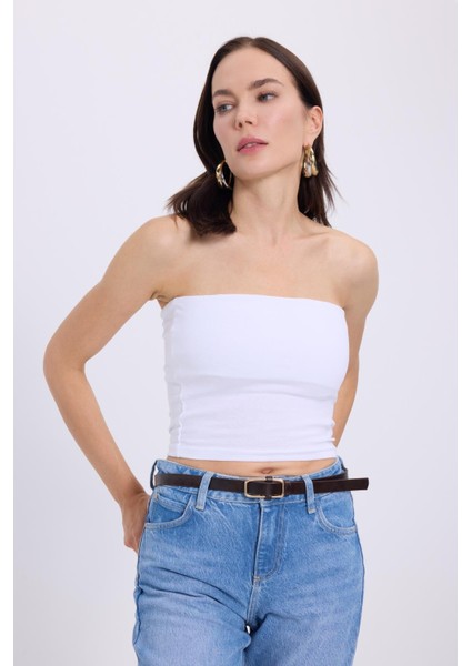 Kadın Slim Fit Dar Kesim Pamuklu Straplez Beyaz Bluz indirimleri