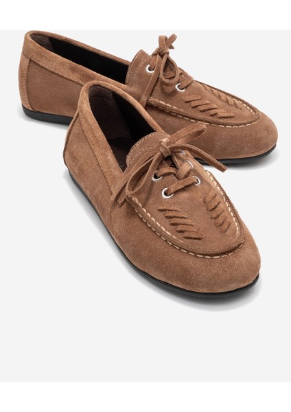 Lorven Toprak Süet Hakiki Deri Bağcıklı Kadın Loafer Ayakkabı