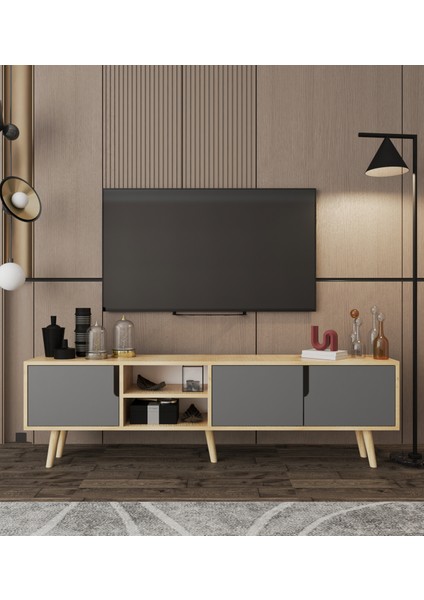 Latina Ahşap Ayaklı Tv Ünitesi Tv Sehpası 180 cm Safir Meşe - Antrasit