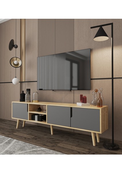 Latina Ahşap Ayaklı Tv Ünitesi Tv Sehpası 180 cm Safir Meşe - Antrasit fiyatları