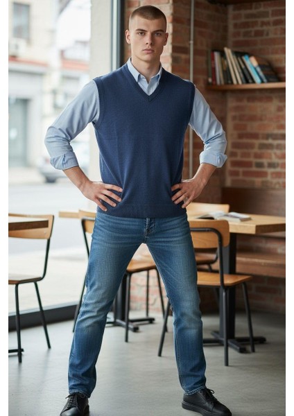 Mavi V Yaka Süveter (Unisex)