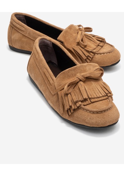 Axelı Toprak Süet Hakiki Deri Fiyonklu Saçaklı Kadın Loafer Ayakkabı