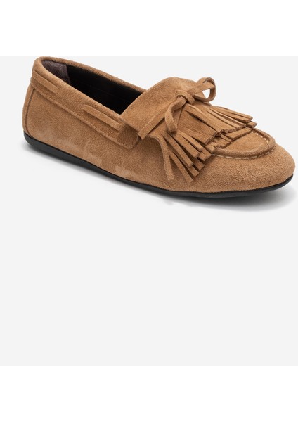 Axelı Toprak Süet Hakiki Deri Fiyonklu Saçaklı Kadın Loafer Ayakkabı modelleri