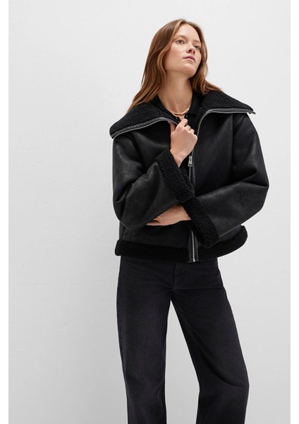 Kadın Suni Kürk Detaylı Siyah Suni Deri Ceket 1110718-900 fiyatları
