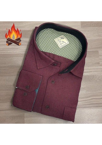 Klasik %100 Cotton Uzun Kollu Terletmeyen Kışlık Flanel Kumaş Bordo Gömlek (Regular Kalıp)