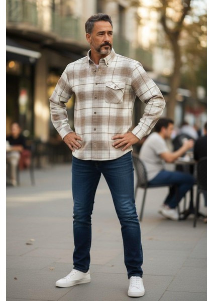 Kışlık Pamuklu Bej Uzun Kollu Cepli Erkek Oduncu Gömlek (Slim Fit)