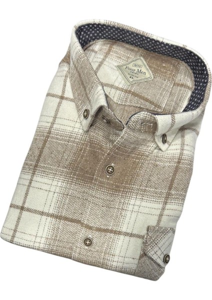 Kışlık Pamuklu Bej Uzun Kollu Cepli Erkek Oduncu Gömlek (Slim Fit) modelleri