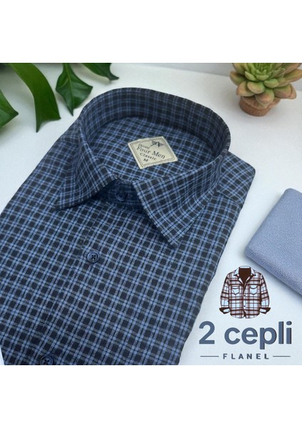 Iki Cepli Kapaklı Klasik %100 Cotton Uzun Kollu Terletmeyen Kışlık Flanel Kumaş Mavi Gömlek (Regular Kalıp)