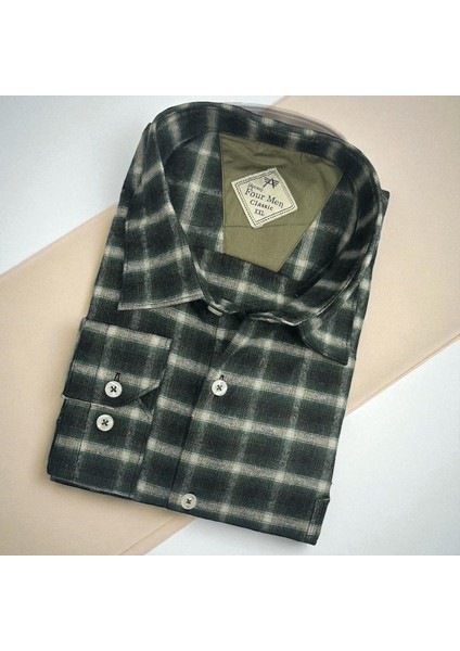 Klasik %100 Cotton Uzun Kollu Terletmeyen Kışlık Flanel Kumaş Zümrüt Gömlek (Regular Kalıp)