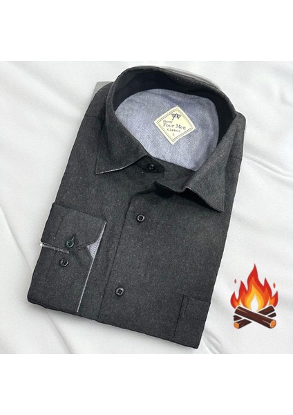 Klasik %100 Cotton Uzun Kollu Terletmeyen Kışlık Flanel Kumaş Antrasit Gömlek (Regular Kalıp)