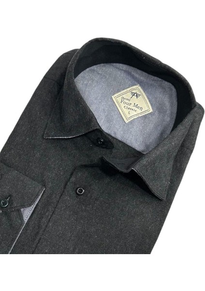 Klasik %100 Cotton Uzun Kollu Terletmeyen Kışlık Flanel Kumaş Antrasit Gömlek (Regular Kalıp) fiyatları