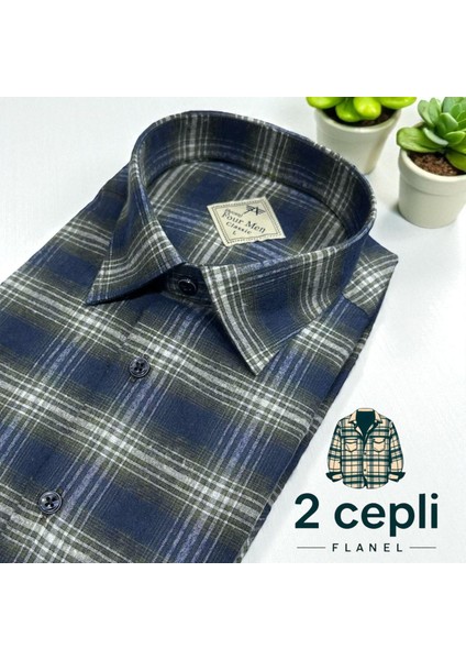Iki Cepli Kapaklı Klasik %100 Cotton Uzun Kollu Terletmeyen Kışlık Flanel Kumaş Lacivert Gömlek (Regular Kalıp)