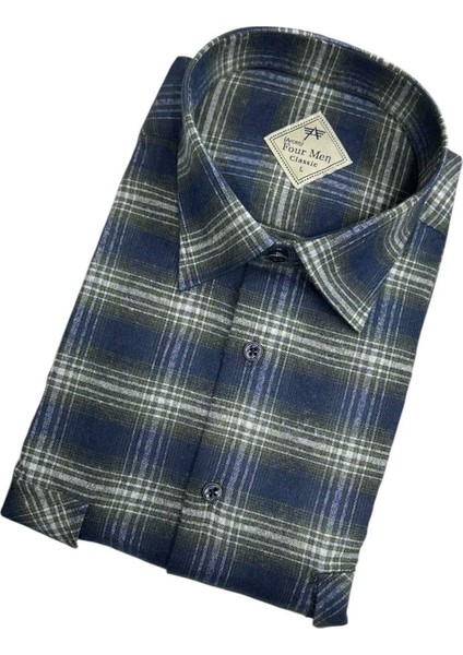 Iki Cepli Kapaklı Klasik %100 Cotton Uzun Kollu Terletmeyen Kışlık Flanel Kumaş Lacivert Gömlek (Regular Kalıp) fiyatları