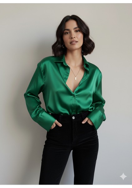“kadın Saten Dokulu Şık Uzun Kollu Gömlek – Ofis & Günlük Kullanıma Uygun Bluz”