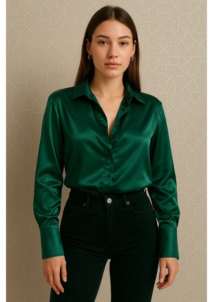 “kadın Saten Dokulu Şık Uzun Kollu Gömlek – Ofis & Günlük Kullanıma Uygun Bluz”
