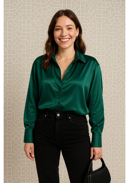 “kadın Saten Dokulu Şık Uzun Kollu Gömlek – Ofis & Günlük Kullanıma Uygun Bluz”