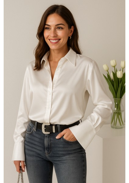 “kadın Saten Dokulu Şık Uzun Kollu Gömlek – Ofis & Günlük Kullanıma Uygun Bluz” indirimleri