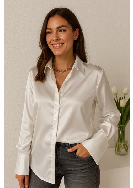 “kadın Saten Dokulu Şık Uzun Kollu Gömlek – Ofis & Günlük Kullanıma Uygun Bluz”