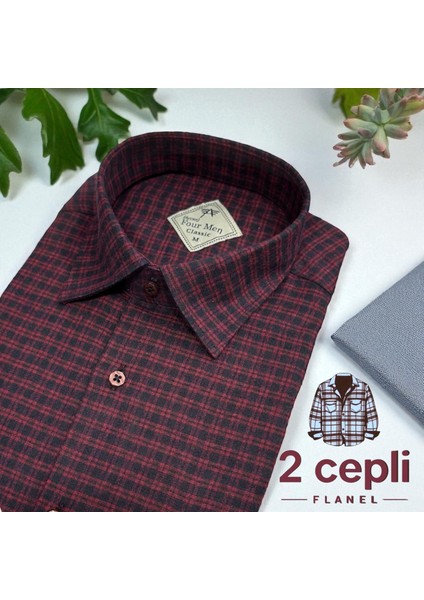 Iki Cepli Kapaklı Klasik %100 Cotton Uzun Kollu Terletmeyen Kışlık Flanel Kumaş Kırmızı Gömlek (Regular Kalıp)