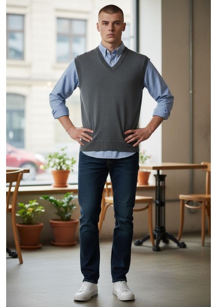 Gri V Yaka Süveter (Unisex)