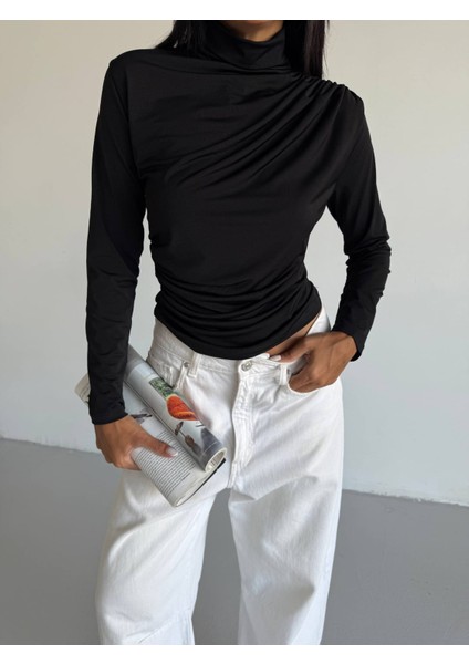 Boğazlı Sandy Kumaş Dar-Slim Kalıp Drapeli Bluz