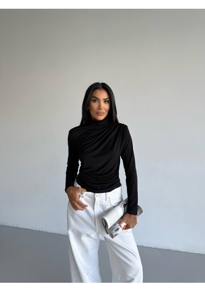 Boğazlı Sandy Kumaş Dar-Slim Kalıp Drapeli Bluz modelleri