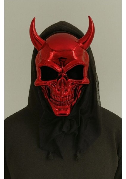 Kırmızı Şeytan Boynuzlu Kuru Kafa Korku Maske - Kostüm Partileri - Costplay - Cadılar Bayramı