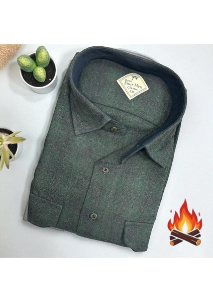 Klasik %100 Cotton Uzun Kollu Terletmeyen Kışlık Flanel Kumaş Koyu Haki Gömlek (Regular Kalıp)