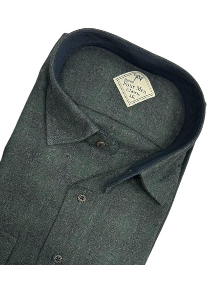 Klasik %100 Cotton Uzun Kollu Terletmeyen Kışlık Flanel Kumaş Koyu Haki Gömlek (Regular Kalıp) fiyatları