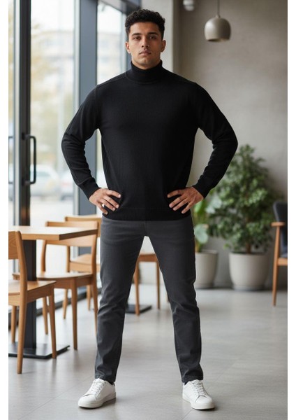 Uzun Kollu Siyah Balıkçı Yaka Kazak (Unisex)