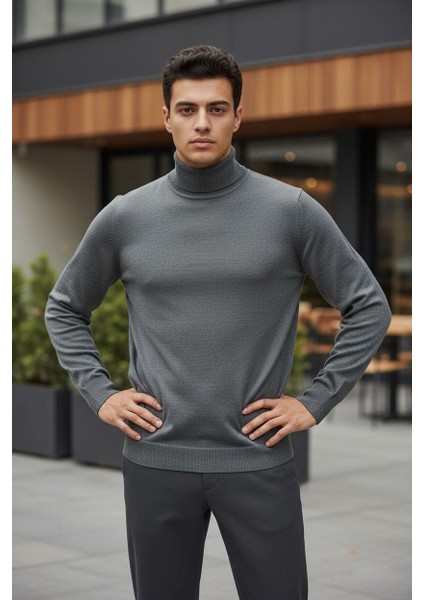 Uzun Kollu Gri Balıkçı Yaka Kazak (Unisex)