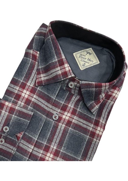 Klasik %100 Cotton Uzun Kollu Terletmeyen Kışlık Flanel Kumaş Antrasit Gömlek (Regular Kalıp)