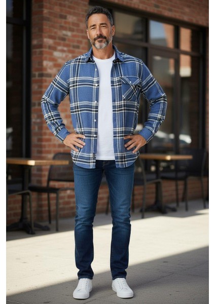 Kışlık Pamuklu Mavi Uzun Kollu Cepli Erkek Oduncu Gömlek (Slim Fit) fiyatları