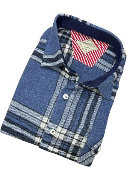 Kışlık Pamuklu Mavi Uzun Kollu Cepli Erkek Oduncu Gömlek (Slim Fit) modelleri