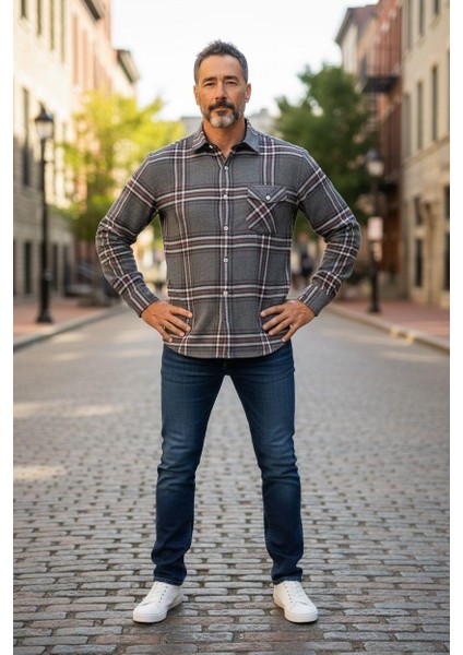 Kışlık Pamuklu Gri Uzun Kollu Cepli Erkek Oduncu Gömlek (Slim Fit)