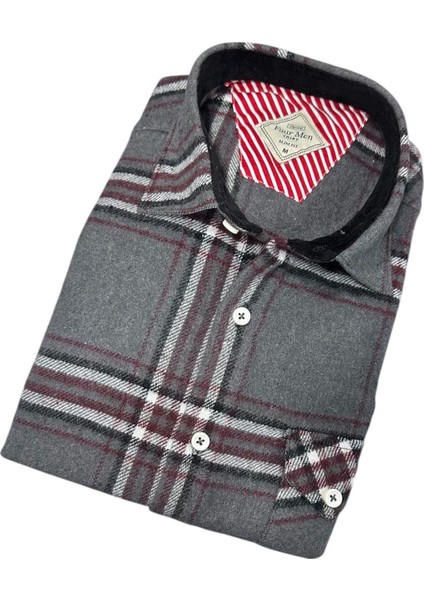 Kışlık Pamuklu Gri Uzun Kollu Cepli Erkek Oduncu Gömlek (Slim Fit) fiyatları