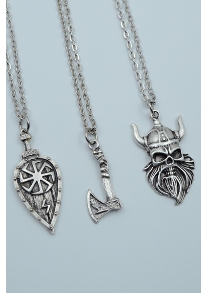 3'lü Viking Kalkan Viking Balta Viking Savaşçı Gümüş Kaplama Kolye Seti