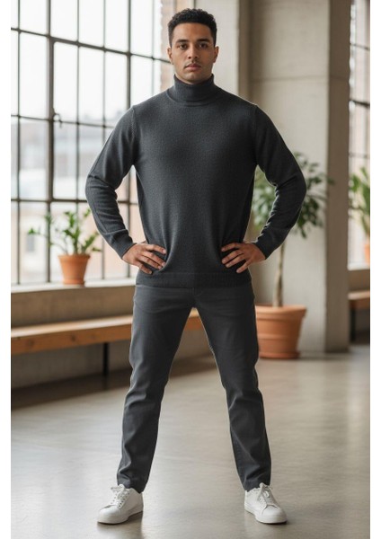 Uzun Kollu Antrasit Balıkçı Yaka Kazak (Unisex)