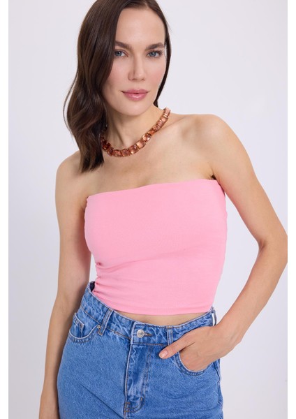 Kadın Slim Fit Dar Kesim Pamuklu Straplez Pembe Bluz